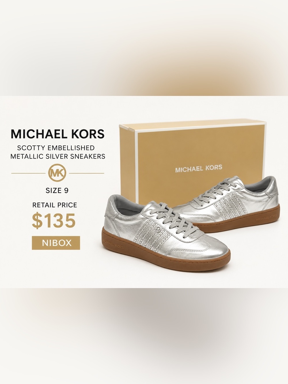 Michael Kors Scotty Embellished Metallic
Silver Sneakers Gum Sole Size 9 NIBOX